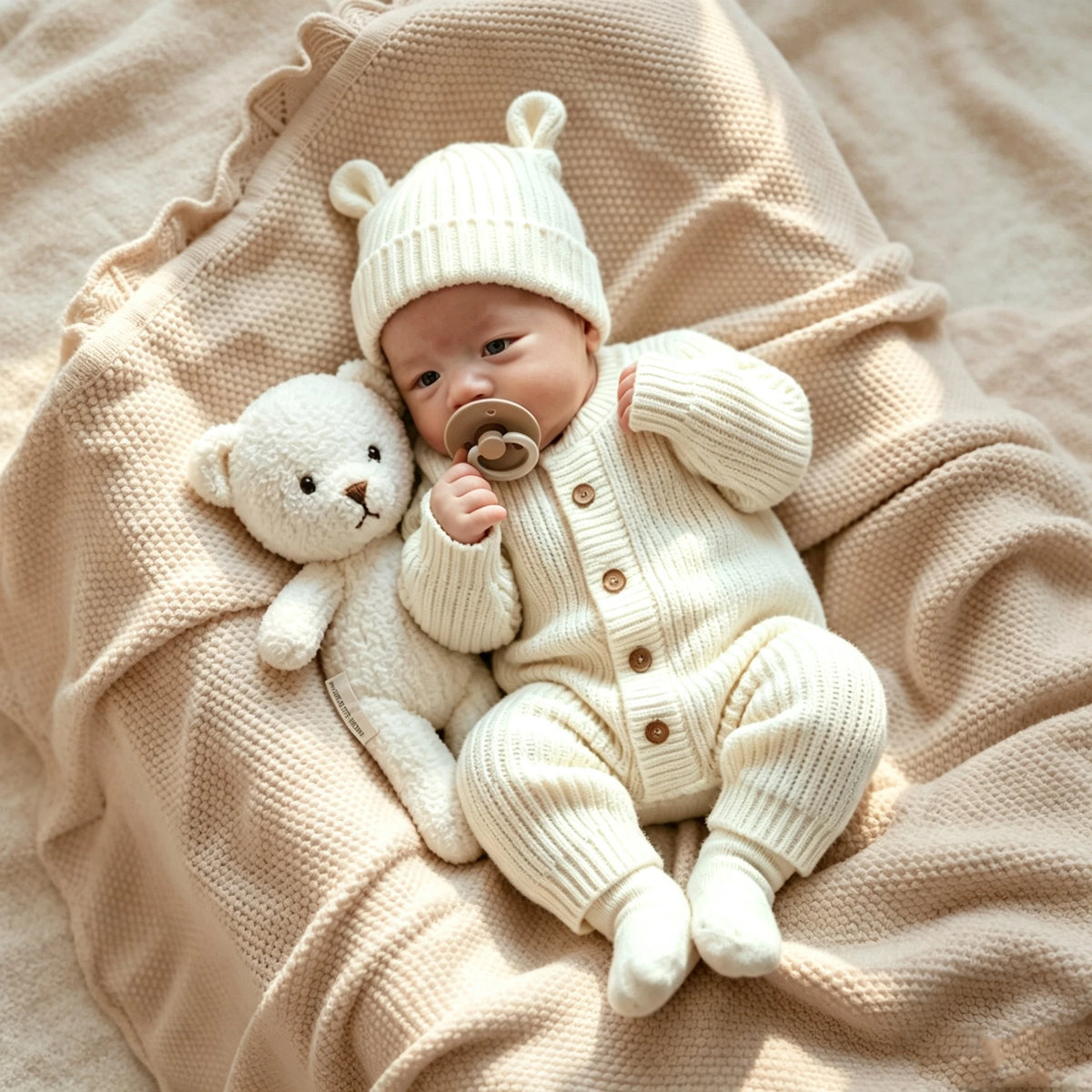 "little baby" Embroidery Knitting Newborn Birth Announcement Outfits Baby Bear Ears Photography Jumpsuit Infant Photo Props-HD