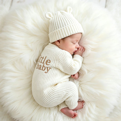 "little baby" Embroidery Knitting Newborn Birth Announcement Outfits Baby Bear Ears Photography Jumpsuit Infant Photo Props-HD