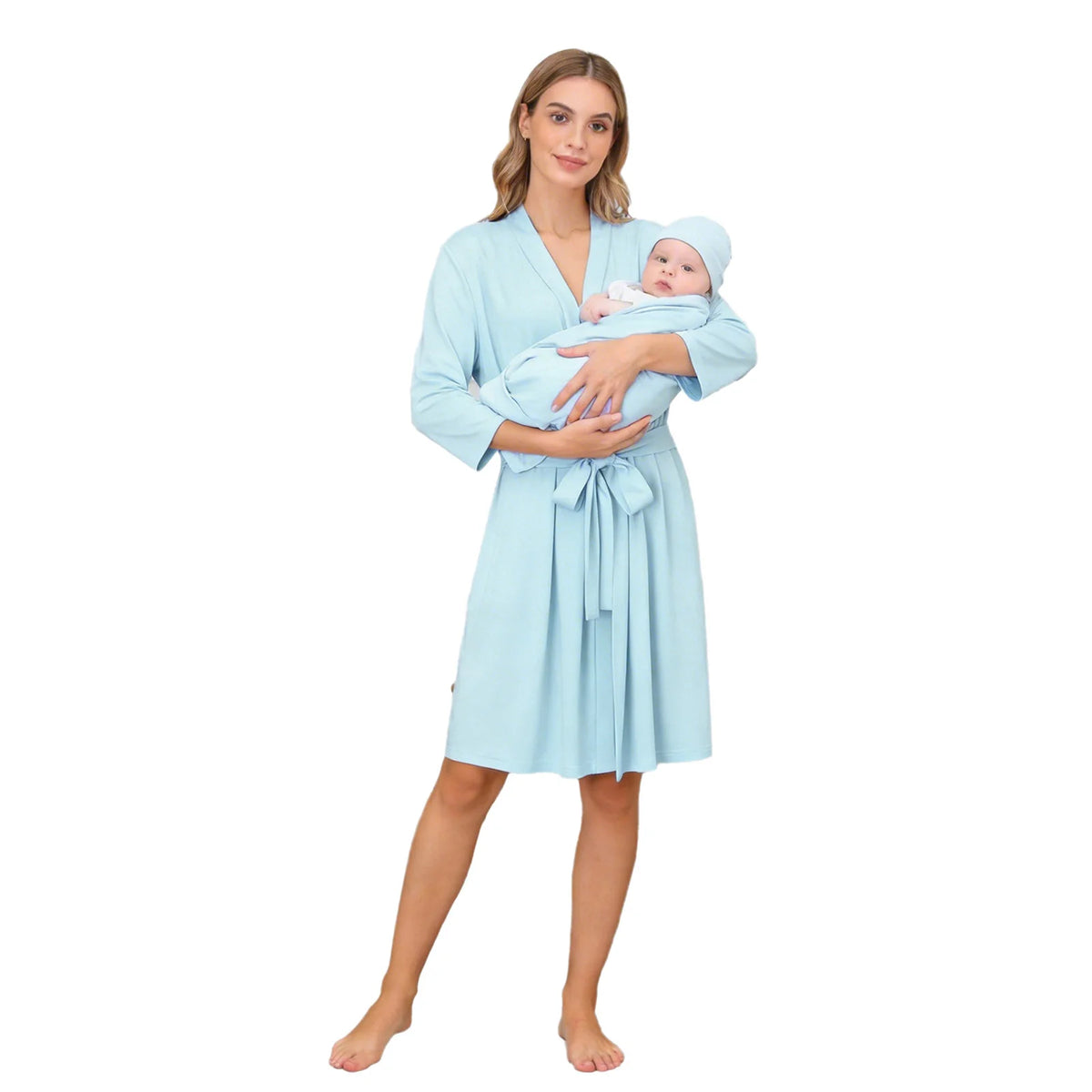 Maternity Robe And Baby Receiving Blanket Long Sleeve Belted Mommy Labor Delivery Robe with Swaddle Set Newborn Hospital Outfits