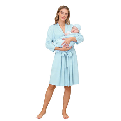 Maternity Robe And Baby Receiving Blanket Long Sleeve Belted Mommy Labor Delivery Robe with Swaddle Set Newborn Hospital Outfits