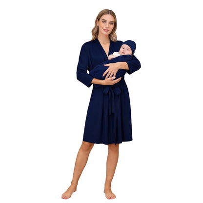 Maternity Robe And Baby Receiving Blanket Long Sleeve Belted Mommy Labor Delivery Robe with Swaddle Set Newborn Hospital Outfits