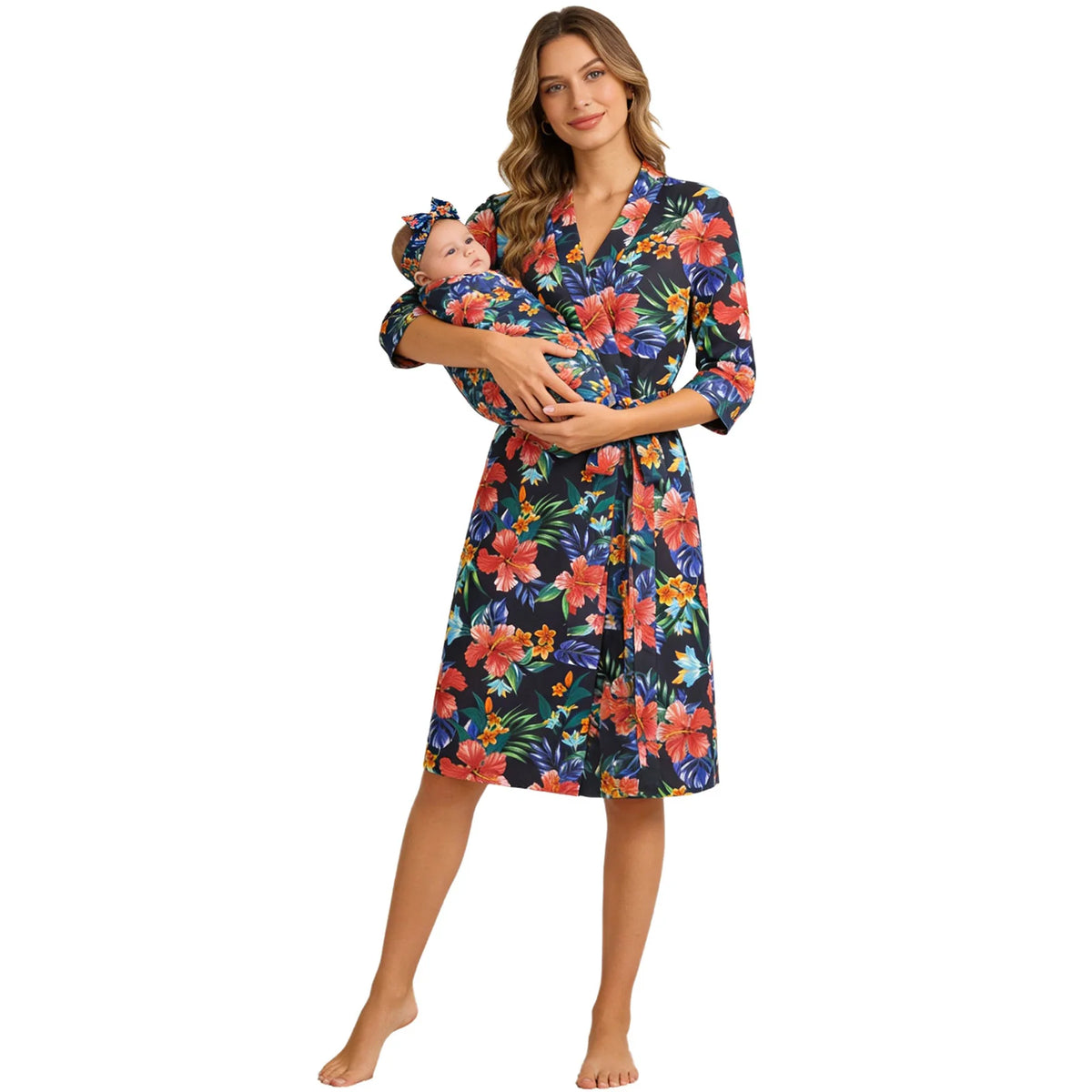 Maternity Robe And Baby Receiving Blanket Long Sleeve Belted Mommy Labor Delivery Robe with Swaddle Set Newborn Hospital Outfits