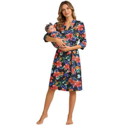 Maternity Robe And Baby Receiving Blanket Long Sleeve Belted Mommy Labor Delivery Robe with Swaddle Set Newborn Hospital Outfits