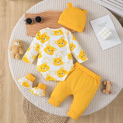 0-9 Months Newborn Baby Boy Bear 4-Piece Set | Yellow Bear Bodysuit+Hat+Yellow Pants Newborn Gift Set Cute and Fun Jumpsuit