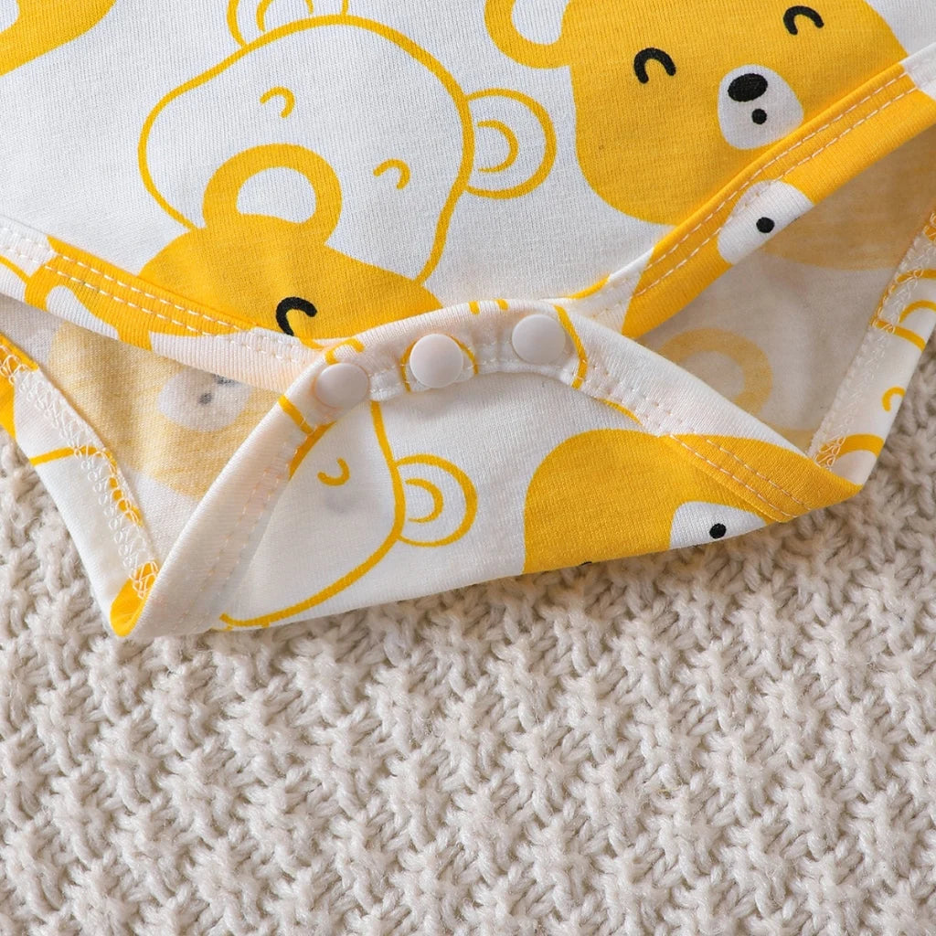 0-9 Months Newborn Baby Boy Bear 4-Piece Set | Yellow Bear Bodysuit+Hat+Yellow Pants Newborn Gift Set Cute and Fun Jumpsuit