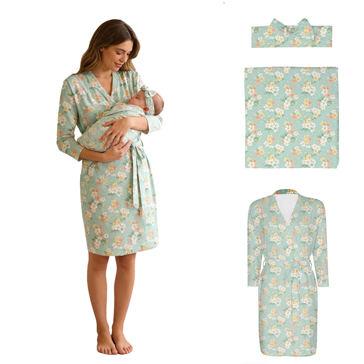 Maternity Robe And Baby Receiving Blanket Long Sleeve Belted Mommy Labor Delivery Robe with Swaddle Set Newborn Hospital Outfits