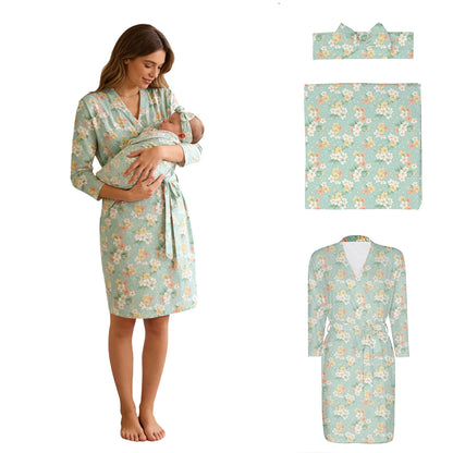 Maternity Robe And Baby Receiving Blanket Long Sleeve Belted Mommy Labor Delivery Robe with Swaddle Set Newborn Hospital Outfits
