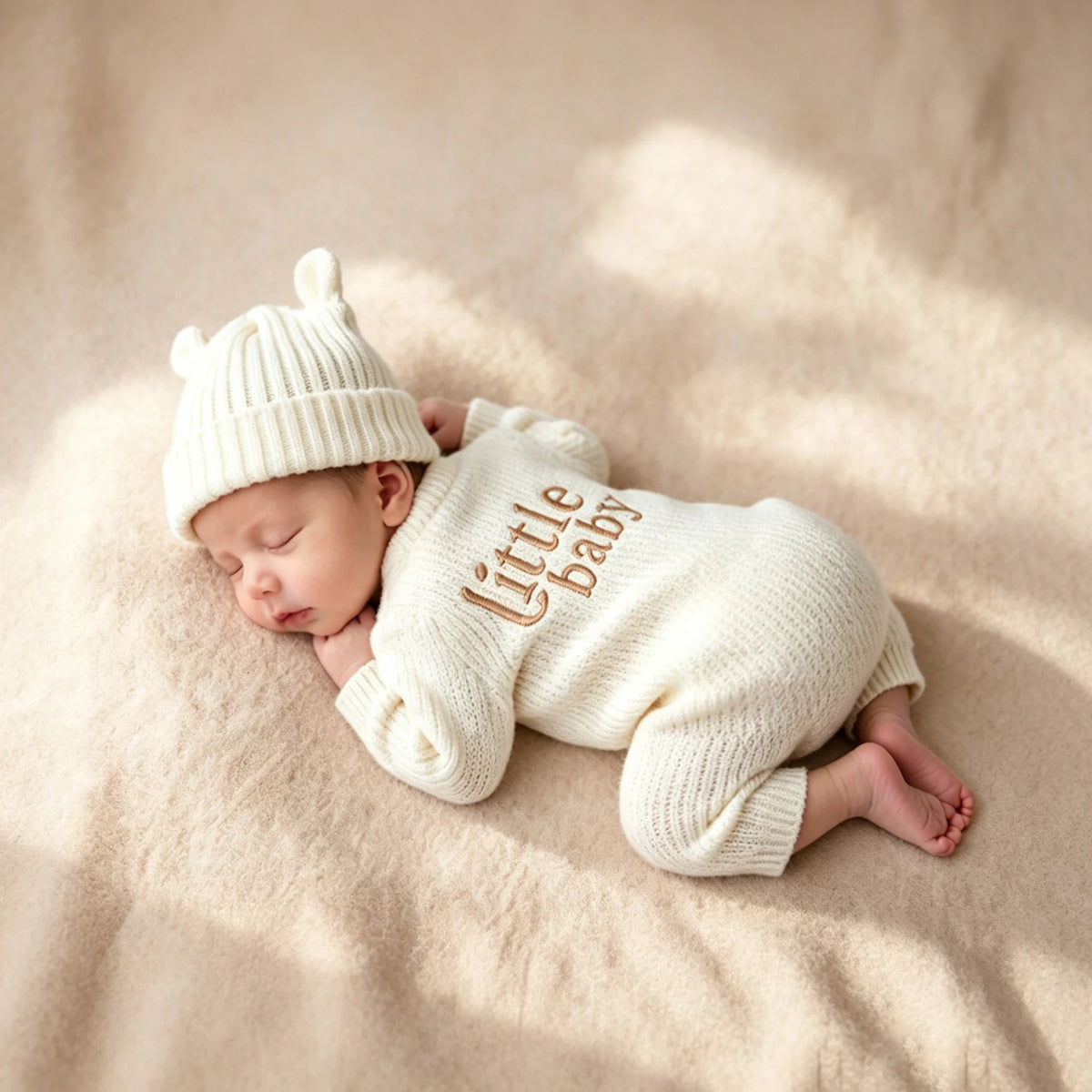 "little baby" Embroidery Knitting Newborn Birth Announcement Outfits Baby Bear Ears Photography Jumpsuit Infant Photo Props-HD