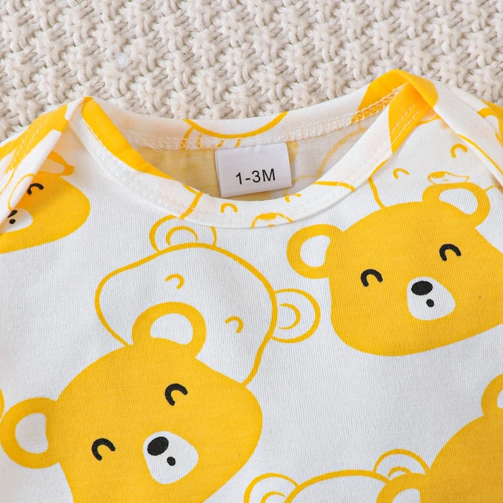 0-9 Months Newborn Baby Boy Bear 4-Piece Set | Yellow Bear Bodysuit+Hat+Yellow Pants Newborn Gift Set Cute and Fun Jumpsuit