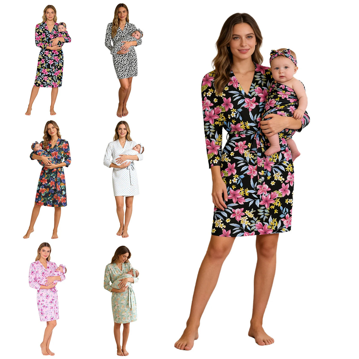Maternity Robe And Baby Receiving Blanket Long Sleeve Belted Mommy Labor Delivery Robe with Swaddle Set Newborn Hospital Outfits