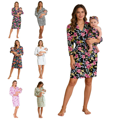 Maternity Robe And Baby Receiving Blanket Long Sleeve Belted Mommy Labor Delivery Robe with Swaddle Set Newborn Hospital Outfits