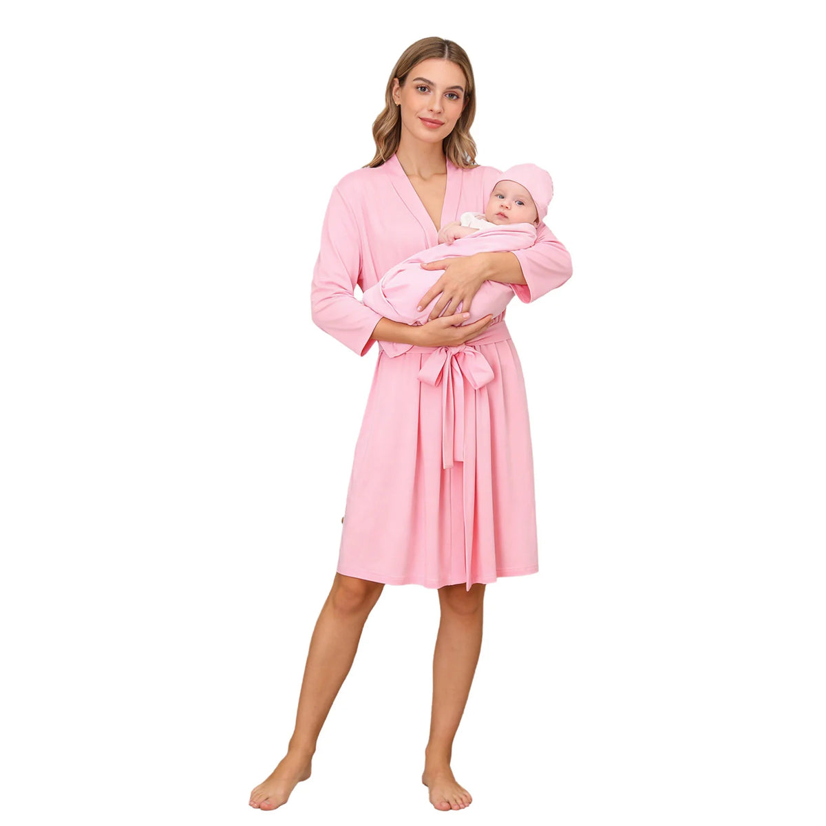 Maternity Robe And Baby Receiving Blanket Long Sleeve Belted Mommy Labor Delivery Robe with Swaddle Set Newborn Hospital Outfits
