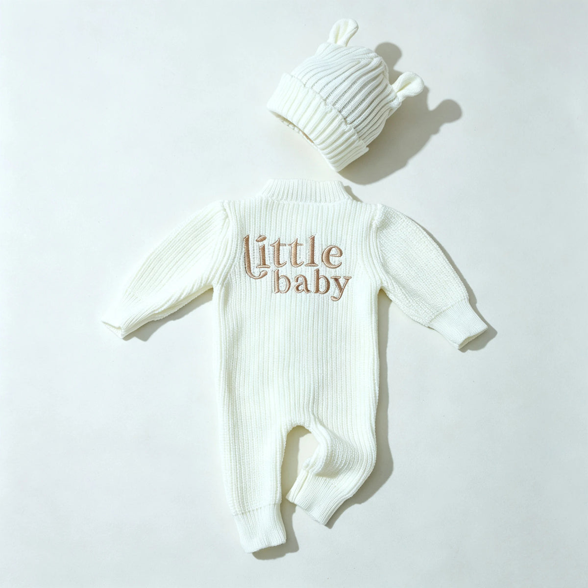 "little baby" Embroidery Knitting Newborn Birth Announcement Outfits Baby Bear Ears Photography Jumpsuit Infant Photo Props-HD