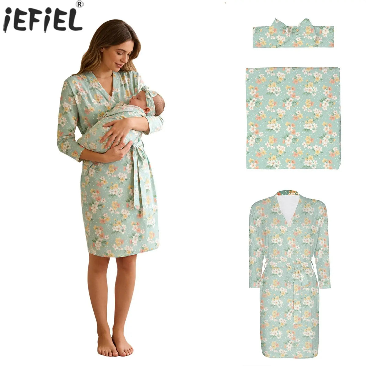 Maternity Robe And Baby Receiving Blanket Long Sleeve Belted Mommy Labor Delivery Robe with Swaddle Set Newborn Hospital Outfits