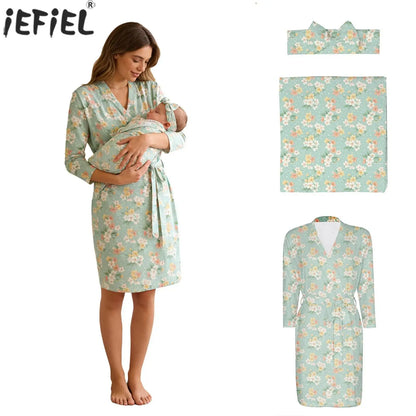 Maternity Robe And Baby Receiving Blanket Long Sleeve Belted Mommy Labor Delivery Robe with Swaddle Set Newborn Hospital Outfits